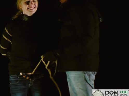Rebel Rhyder gags on her dom's light wand & prick while tied on a starry night