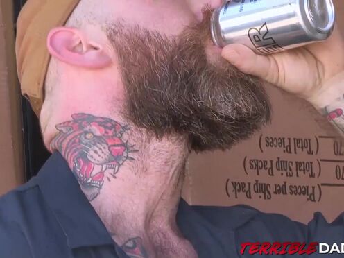 Sexy bearded hunk Donnie Argento mouth filled with warm cum