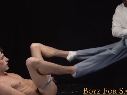 Big guy with beard has fun with a pale twink in the dungeon