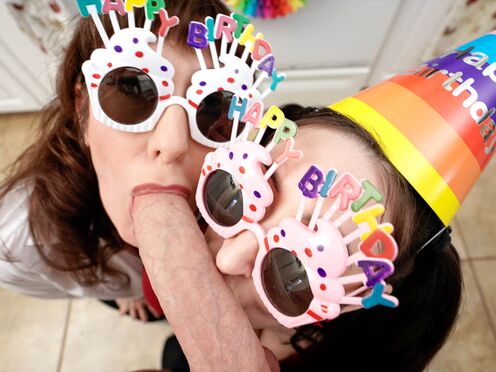 Stepmommy & stepaunt gives the most amazing bday blowjob to stepson