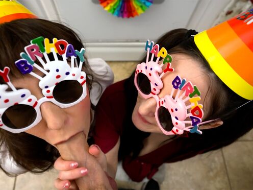 Bday blowjob party with wet COUGAR stepmum & naughty teen stepsis