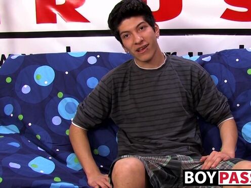 Interviewed young twink jerks off his huge dick & cums