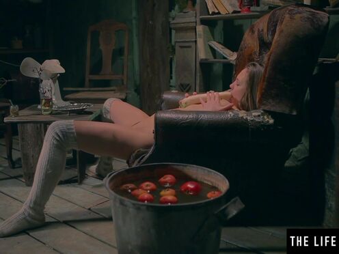 Petite kinky beautiful babe fucks her tight cunt with a huge vegetable