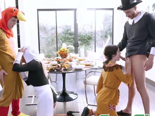 FAMILY STROKES Thanksgiving cosplay hardcore foursome ends with cum facials