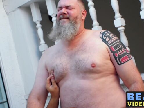 Nasty thick bear makes his cub go on knees to blow his rod