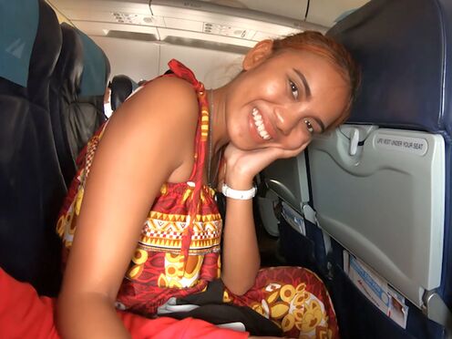 Thai teen GF on an airplane & on boyfriends huge cock in the hotel