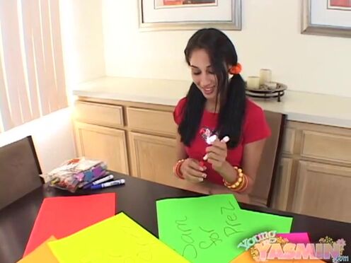 Young Yasmin strips off then masturbates