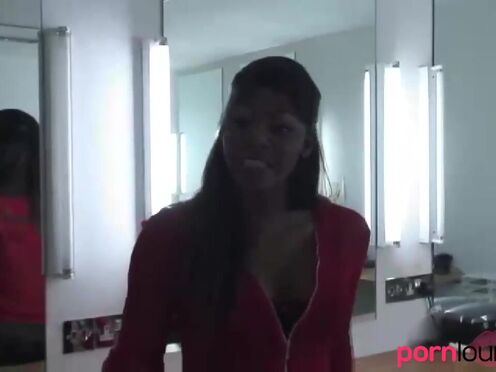 Ebony model in foursome gets mouth spermed
