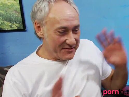 Brunette model in lingerie sucks old guys prick