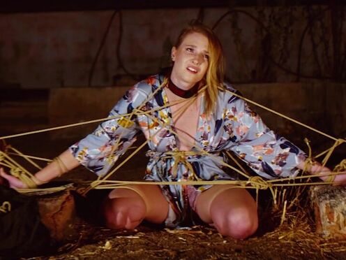 Blond beauty gets nipples hurt while she drinks piss