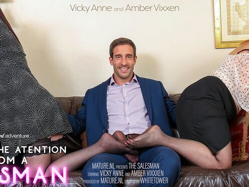 Two lustful mature housewives getting it on with a salesman