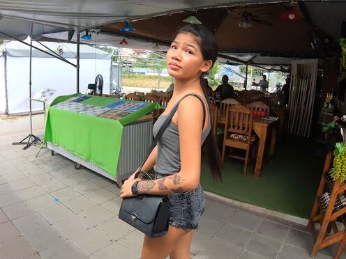 Petite amateur Asian teen with her BF out for lunch