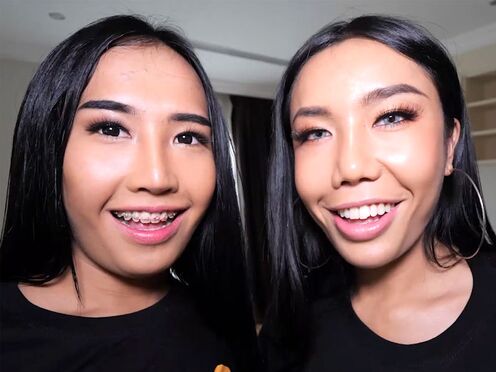 Two teen ladyboys Mos & Meme share a dick in a sexy 3some