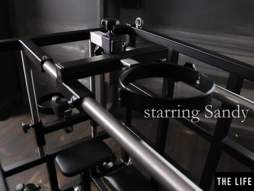 Kinky blonde Sandy E fingers her beaver in a BDSM cage