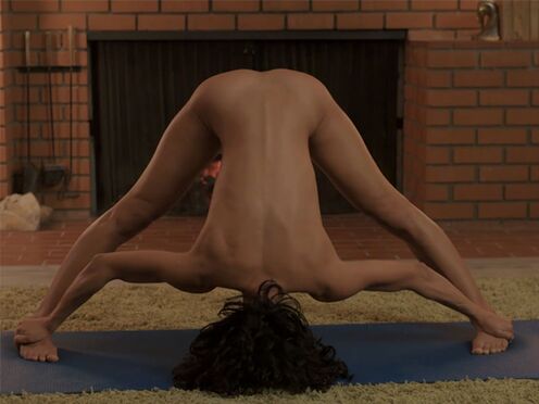 Curly brunette hot girl enjoyed sexy yoga & prepared herself for sex