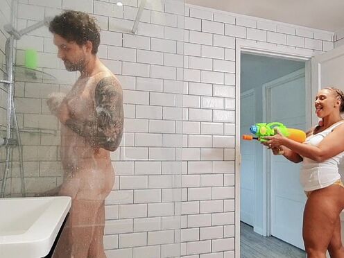 BRAZZERS - Beth Bennett Surprised Her Hubby In The Shower... with a water gun