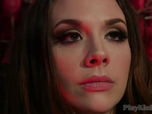 Fetish domina torturing slave in red stockings