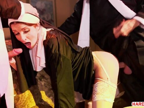 Sinful nun Silvia Saige is DPed by two priests