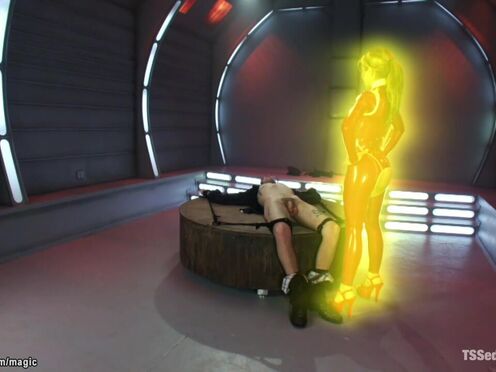 Blonde Shemale clone anal sex bound man