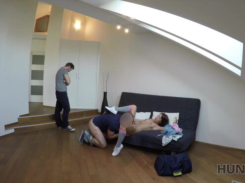 Whore rides stranger's phallus while cuckold watches this