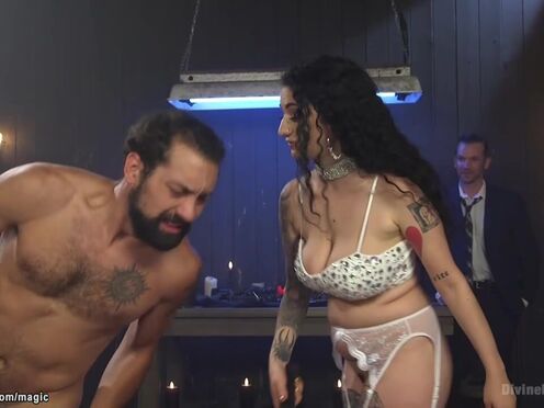 Inked femdom fuck man in 3some