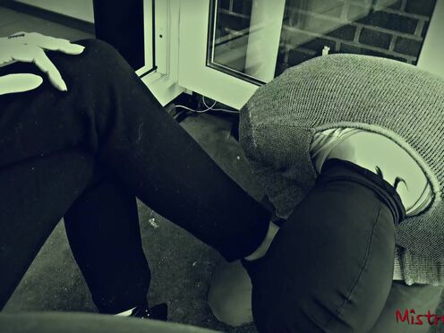 Femdom foot slave worships Mistress high heels