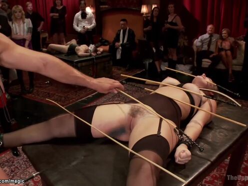 Slaves in lingerie fucking at party