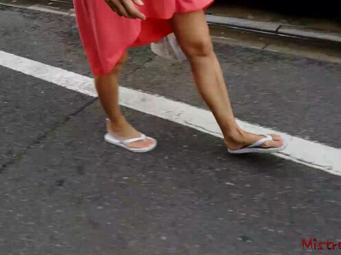 Foot fetish femdom walking with her sub (outdoor)