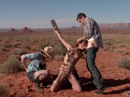 Deviant couple torment hot girl in desert