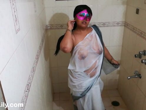 Indian Huge Tits Lustful Lily In Bathroom Taking Shower In White Saree