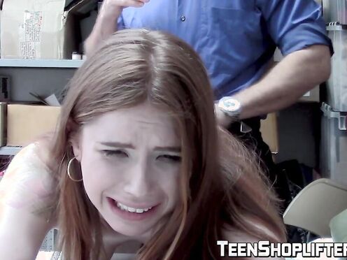 SHOPLYFTER Ginger teen suspect is strip searched & screwed by a guard
