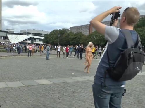 Blonde Czech teen showing her sexy body naked in public