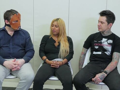 Ball sucking sub in trio getting her butt filled