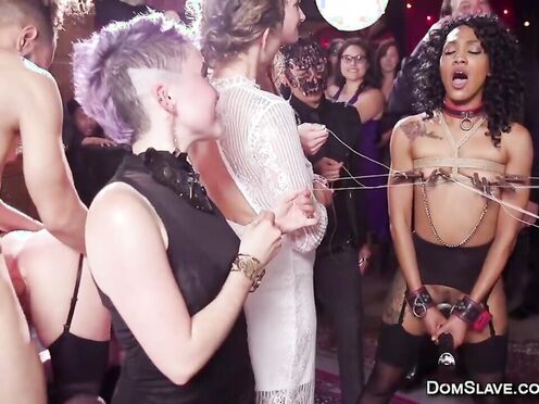 Big tits slave screwed in bondage at swinger group sex party