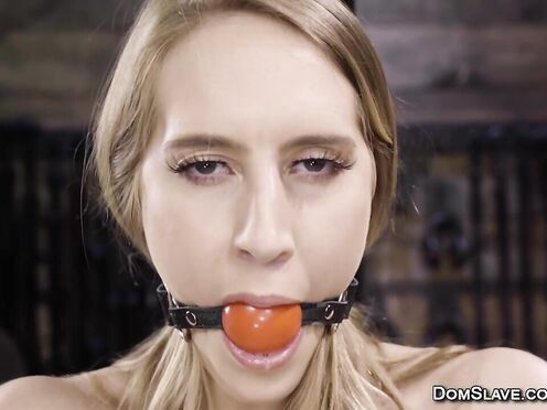 Blonde experiences machine fucking in a rope bondage
