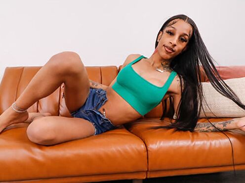 BLACK TGIRLS - Teen Ebony Tgirl Masturbates on Couch