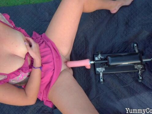 banged by a machine outdoors - real orgasms