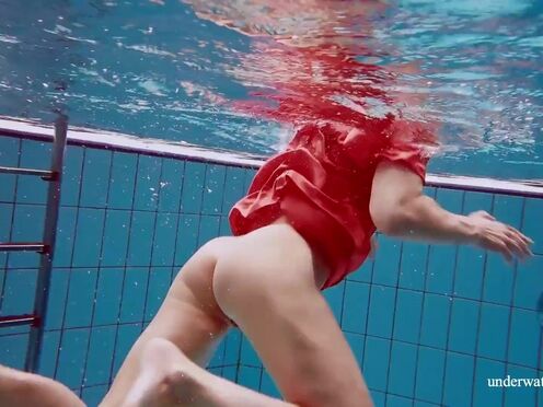 Red long dress & big boobs floating in the pool