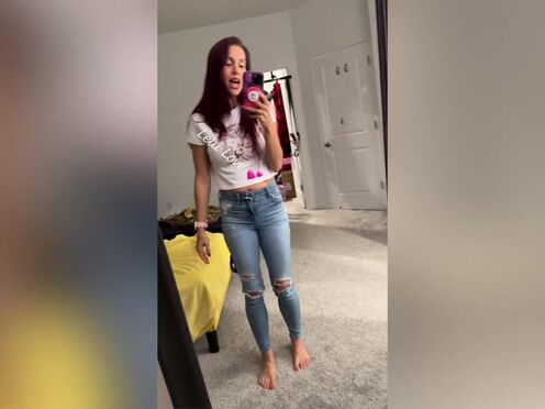 Huge boobs hot girl bare feet in jeans mirror selfie trying out new voiceover app before/after doing hair dye - Lelu Love