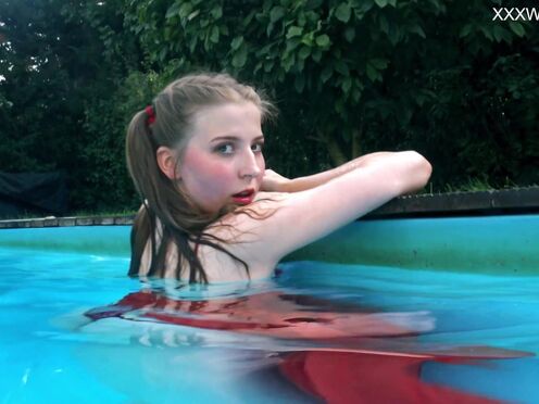 Super sexy in red lingerie beautiful babe Marfa underwater & by the pool