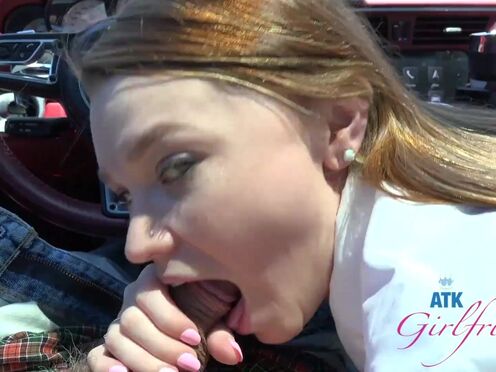 Good babe in student outfit gives roadhead P-O-V Blowjob car sex Mazy Myers