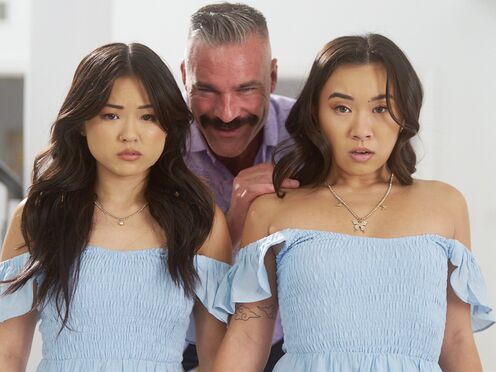 Dirty man banged two petite Asian teens & he enjoyed in twins 3some