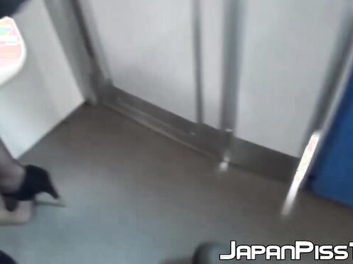 Japanese brunette  close up peeing in train