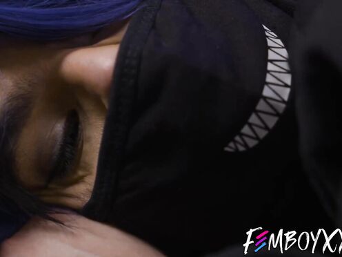 Horny femboy Angel Santana gives hung BF a footjob until cumshot