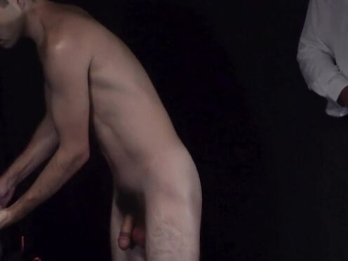 Attractive twink Marcus River rides monster dildos while watching 2 DILFs
