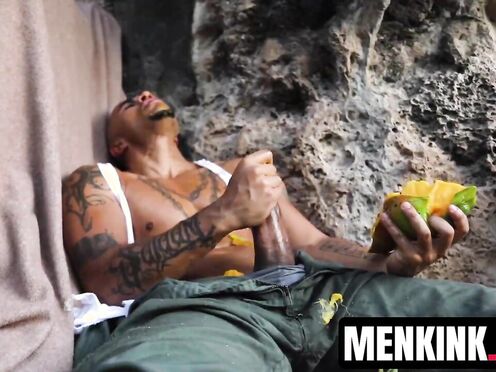Bald dude King Noire entertains his aroused shaft while stranded & alone
