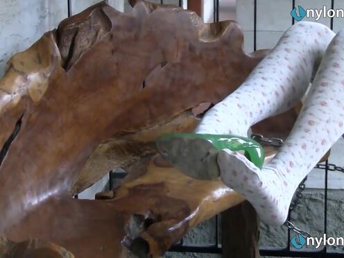 Blonde teen foot teasing in white & black stockings