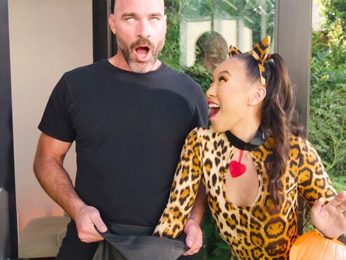 Horny Asian teen gets humped by a huge cock neighbor on Halloween