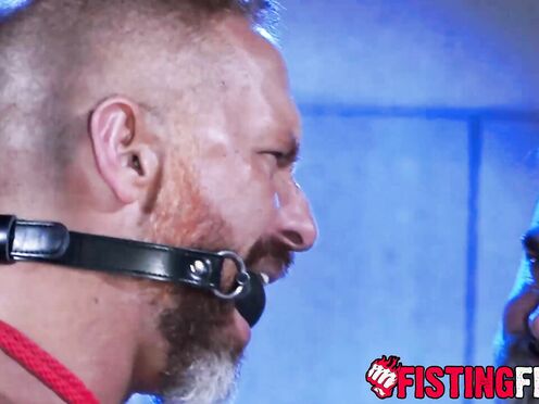 Submissive Dirk Caber strips down & restraints the pup from licking his bone