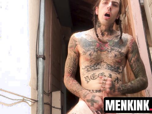 Inked dude Ruckus giving his long horny BONER a RAVIGING handjob